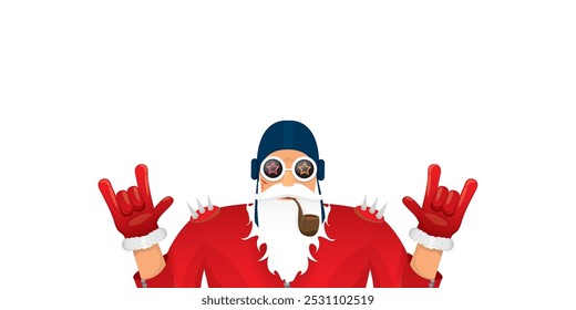 vector modern rock n roll santa claus with smoking pipe, santa beard and funky hat isolated on transparent horizontal banner background with snowflakes. Horizontal Christmas hipster party poster