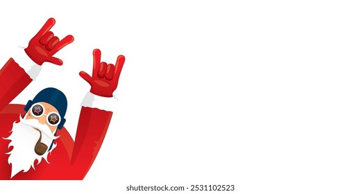 vector modern rock n roll santa claus with smoking pipe, santa beard and funky hat isolated on transparent horizontal banner background with snowflakes. Horizontal Christmas hipster party poster