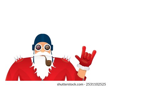 vector modern rock n roll santa claus with smoking pipe, santa beard and funky hat isolated on transparent horizontal banner background with snowflakes. Horizontal Christmas hipster party poster