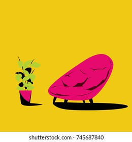 vector modern round chair with pillows and houseplant illustration