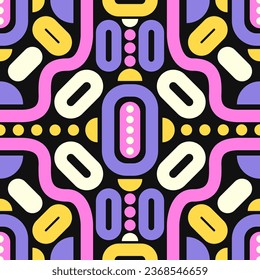 vector modern rounded rectangle and geometric lines seamless pattern on black.
