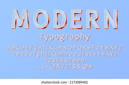 Vector modern sans serif alphabet and font.  3D bright lowercase and uppercase letters, signs and numbers. Typography for promotion, posters, t shirt, sale banner, prints, decoration.