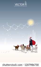 vector modern santa claus and his dogs on winter snow background
