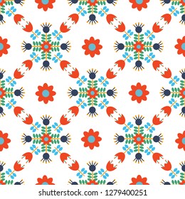 Vector Modern Scandi Daisy Floral Seamless pattern background Repeat Wallpaper Red and Blue