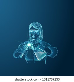 Vector of modern science abstract polygonal background with rscientific laboratory assistant in lab with test tubes.