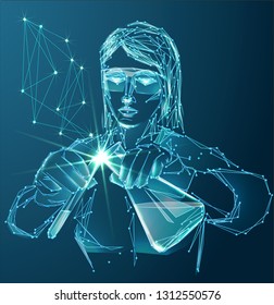 Vector of modern science abstract polygonal background with scientific laboratory assistant in lab with test tubes.