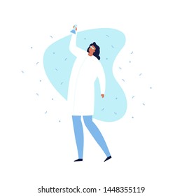 Vector modern scientist character illustration. Flat female in white coat holding tube with blue liquid on blue fluid shape isolated on white background. Concept of discovery, ideas. Design element.
