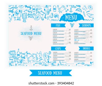 Vector modern seafood menu design. Hand drawn sketch style menu. Great for flyer, card, business promotion