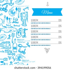 Vector modern seafood menu design. Hand drawn seafood menu. Great for menu flyer, card, seafood menu business promotion.