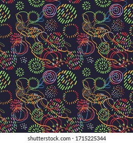 Vector modern seamless background with colorful hand drawn abstract round elements, doodles. Use it for wallpaper, textile print, pattern fills, web, texture, wrapping paper, design presentation