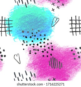 Vector modern seamless background with colorful hand drawn abstract pencil spots, doodles. Use it for wallpaper, textile print, pattern fills, surface texture, wrapping paper, design of presentation