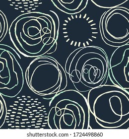 Vector modern seamless background with colorful hand drawn abstract round elements, doodles. Use it for wallpaper, textile print, pattern fills, web, texture, wrapping paper, design presentation