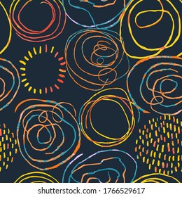 Vector de fondo moderno sin fisuras con coloridos elementos redondos abstractos dibujados a mano, garabatos. Utilícelo para papel de pared, impresión textil, rellenos de patrones, web, textura, papel envolvente, presentación de diseño