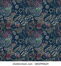Vector modern seamless background with colorful hand drawn abstract lines, doodles. Use it for wallpaper, textile print, pattern fills, web, surface texture, wrapping paper, design of presentation