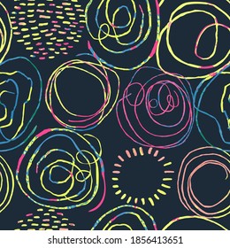 Vector modern seamless background with colorful hand drawn abstract round elements, doodles. Use it for wallpaper, textile print, pattern fills, web, texture, wrapping paper, design presentation