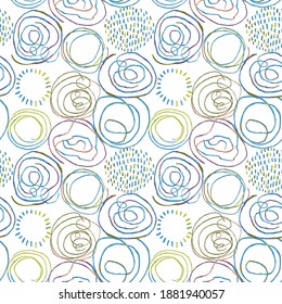 Vector modern seamless background with colorful hand drawn abstract round elements, doodles. Use it for wallpaper, textile print, pattern fills, web, texture, wrapping paper, design presentation