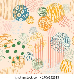 Vector de fondo moderno sin fisuras con coloridos elementos redondos abstractos dibujados a mano, garabatos. Utilícelo para papel de pared, impresión textil, rellenos de patrones, web, textura, papel envolvente, presentación de diseño