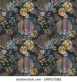 Vector modern seamless background with colorful hand drawn abstract round elements, doodles. Use it for wallpaper, textile print, pattern fills, web, texture, wrapping paper, design presentation