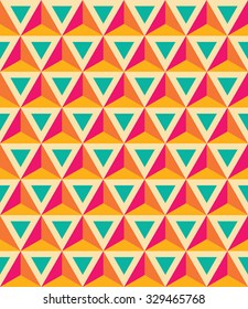 Vector modern seamless colorful geometry pattern, 3D triangles, color orange blue, abstract geometric background, trendy multicolored print, retro texture, hipster fashion design
