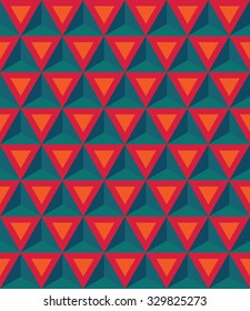 Vector modern seamless colorful geometry pattern, 3D triangles, color pink orange blue, abstract geometric background, trendy multicolored print, retro texture, hipster fashion design