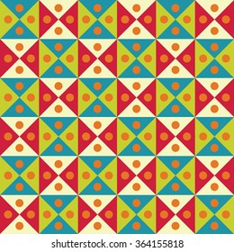 Vector modern seamless colorful geometry triangles dots pattern, color abstract geometric background, pillow multicolored print, retro texture, hipster fashion design