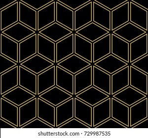 Vector Modern Seamless Geometric Pattern with Cube. Abstract geometry. For Background, Pillow Fashion Print. Hipster design. Black, Gold color