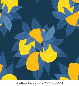 Vector modern seamless pattern with bunch of lemons with blue foliage on dark blue background. Texture with bush of hand drawn flat citrus fruits with leaves. Background for fabric and wallpaper
