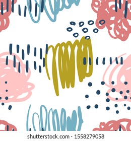 Vector modern seamless pattern with colorful hand draw abstract elements, doodles. Can be used for wallpaper, pattern fills, web page, surface textures, textile print, wrapping paper, presentation