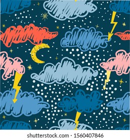Vector modern seamless pattern with colorful hand draw llustrations of night sky. Can be used for wallpaper, pattern fills, web page, surface textures, textile print, wrapping paper, presentation