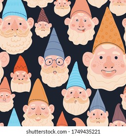 Vector modern seamless pattern with colorful illustrations of garden gnome. Use it for wallpaper, textile print, pattern fills, web page, surface textures, wrapping paper, design of presentation