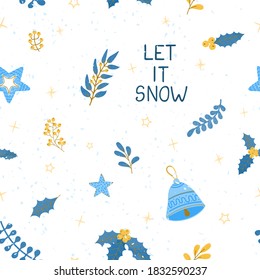 Vector modern seamless pattern with colorful hand draw illustration of Christmas items. Use it for wallpaper, textile print, fills, web page, surface textures, wrapping paper, design of presentation