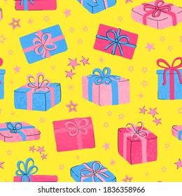 Vector modern seamless pattern with colorful hand draw illustration of christmas gifts. For wallpaper, textile print, pattern fills, web page, surface textures, wrapping paper, design of presentation