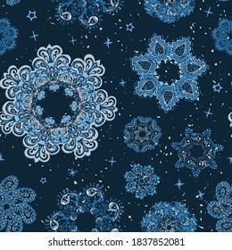Vector modern seamless pattern with colorful hand draw illustration of snowflakes. Use it for wallpaper, textile print, fills, web page, surface textures, wrapping paper, design of presentation