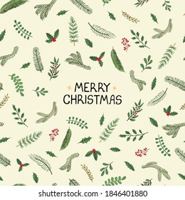 Vector modern seamless pattern with colorful hand draw illustration of Christmas plants. Use it for wallpaper, textile print, greeting card, web page, textures, wrapping paper, design of presentation