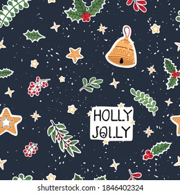 Vector modern seamless pattern with colorful hand draw illustration of Christmas items. Use it for wallpaper, textile print, fills, web page, surface textures, wrapping paper, design of presentation