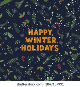 Vector modern seamless pattern with colorful hand draw illustration of Christmas plants. Use it for wallpaper, textile print, greeting card, web page, textures, wrapping paper, design of presentation