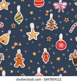 Vector modern seamless pattern with colorful hand draw illustration of Christmas decorations. For wallpaper, textile print, fills, web page, surface textures, wrapping paper, design of presentation