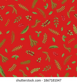 Vector modern seamless pattern with colorful hand draw illustration of Christmas plants. Use it for wallpaper, textile print, fills, web page, surface textures, wrapping paper, design of presentation
