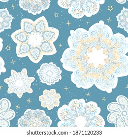 Vector modern seamless pattern with colorful hand draw illustration of snowflakes. Use it for wallpaper, textile print, fills, web page, surface textures, wrapping paper, design of presentation