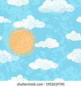 Patrón vectorial moderno sin fisuras con coloridas ilustraciones de dibujo a mano del cielo azul. Se puede utilizar para papel tapiz, rellenos de patrones, página web, texturas superficiales, impresión textil, papel envolvente, presentación