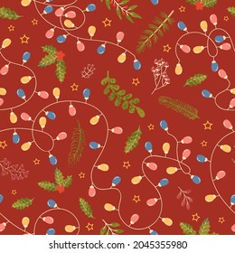 Vector modern seamless pattern with colorful hand draw illustration of Christmas decorations holly. Wallpaper, textile print, fills, web page, surface textures, wrapping paper, design of presentation