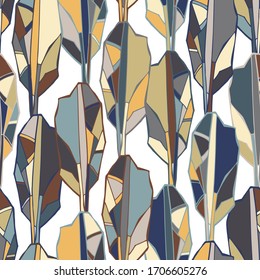 Vector modern seamless pattern decorative abstract colourful trees in stained-glass style on white. Can be used for backgrounds, printing on paper, stickers, badges, bijouterie, cards, textiles. 