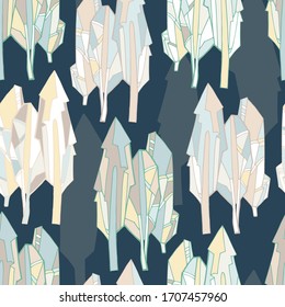 Vector modern seamless pattern decorative abstract colourful trees in stained-glass style on white. Can be used for backgrounds, printing on paper, stickers, badges, bijouterie, cards, textiles. 
