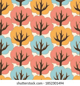 Vector modern seamless pattern decorative abstract colourful trees in cartoon style in pastel colors. Can be used for backgrounds, printing on paper, stickers, badges, bijouterie, cards, textiles. 