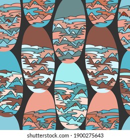 Vector modern seamless pattern decorative abstract landscape of colourful mountains in ovals in pastel colors. Can be used for backgrounds, wrapping paper, textiles advertisements. 