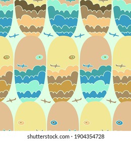 Vector modern seamless pattern decorative abstract landscape of colourful mountains in ovals in pastel colors. Can be used for backgrounds, wrapping paper, textiles advertisements. 