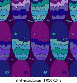 Vector modern seamless pattern decorative abstract landscape of colourful mountains in ovals in dark blue and purple tones. Can be used for backgrounds, wrapping paper, textiles advertisements. 