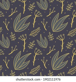 Vector modern seamless pattern. Doodle images and flat icons with twigs, berries and leaves. Wrapping paper and background decoration.