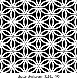 Vector modern seamless pattern flower of life ,black and white textile print,stylish background, abstract texture, monochrome fashion design floral, bed sheets or pillow pattern sacred geometry
