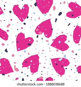 Vector modern seamless pattern with  hearts and Terrazzo texture. Cute romantic background for Valentine's day.